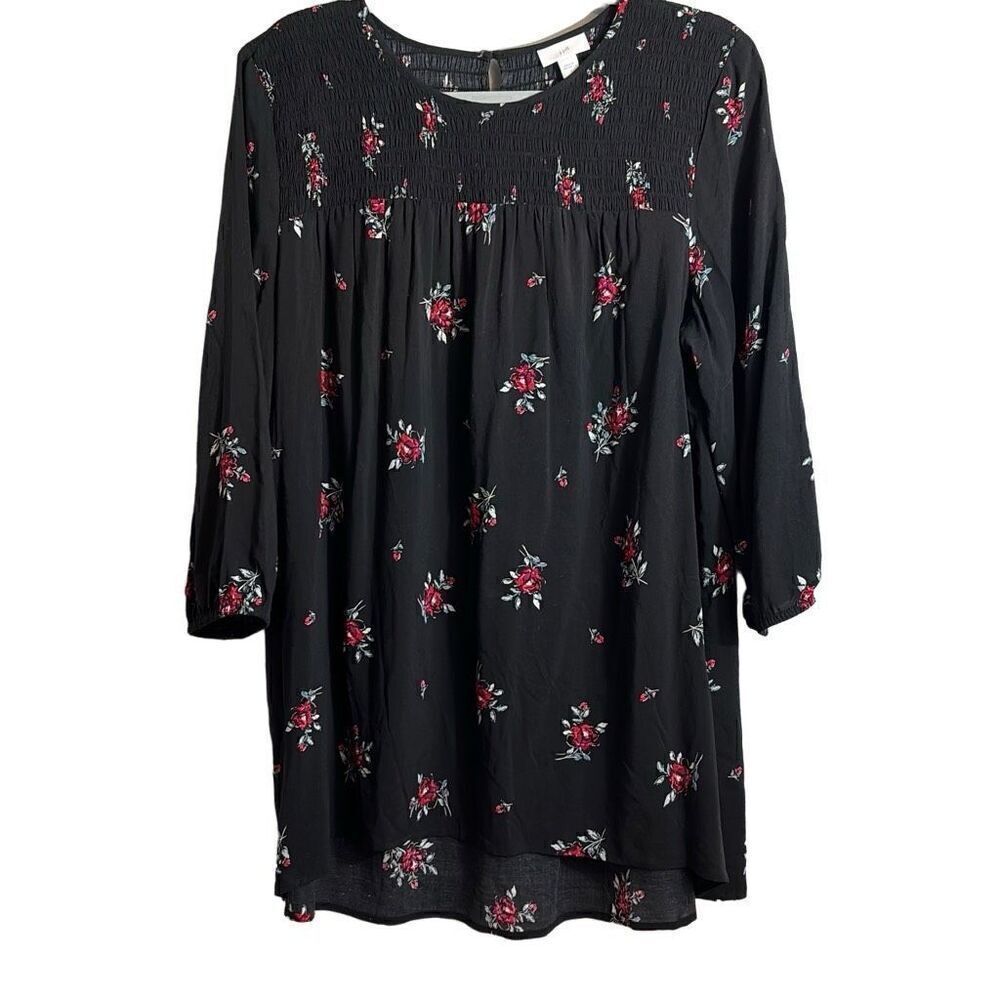 J. Jill smocked yoke rose print on black 3/4 sleeve tunic L